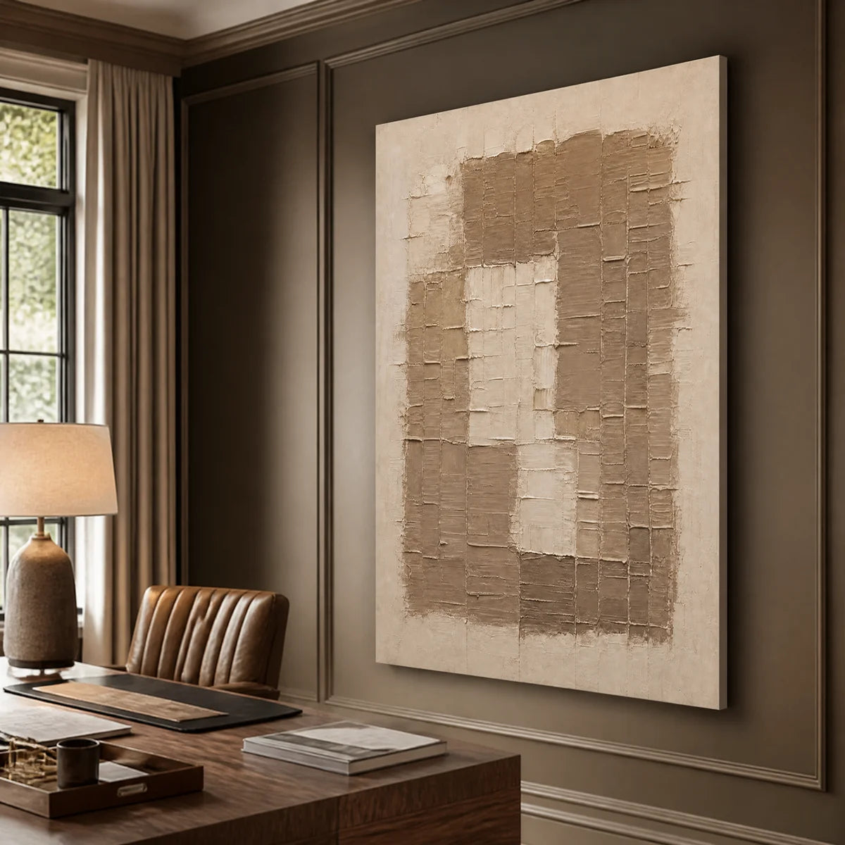 Beige relief texture wall art in a luxury office with abstract handmade painting.