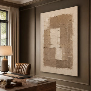 Beige relief texture wall art in a luxury office with abstract handmade painting.