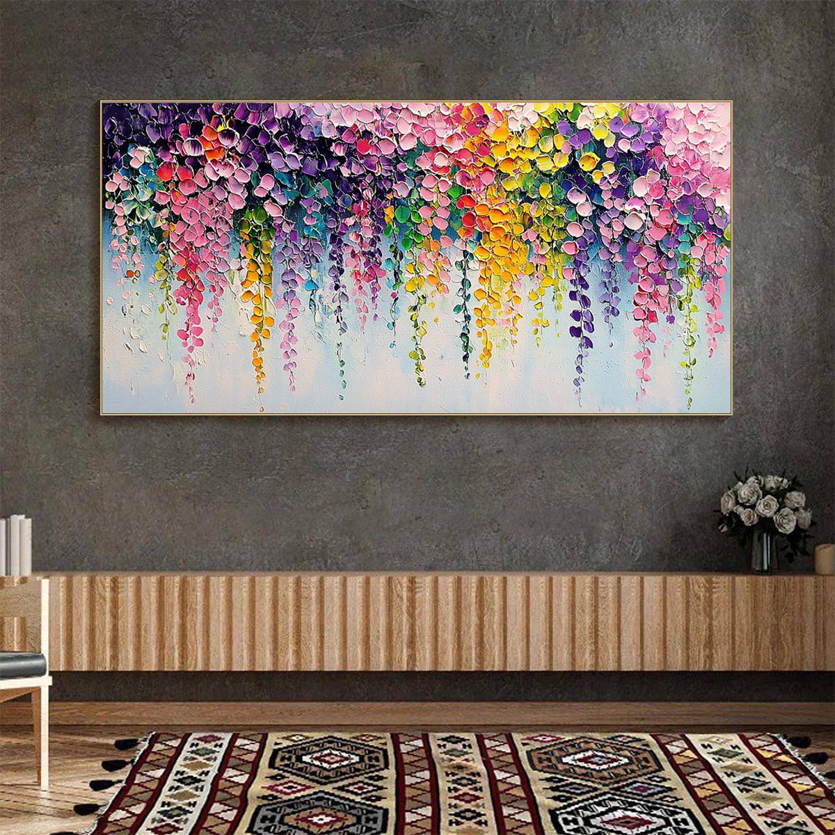 Cascade of Color: Original Impasto Floral Oil Painting - Panoramic Colorful Wall Art