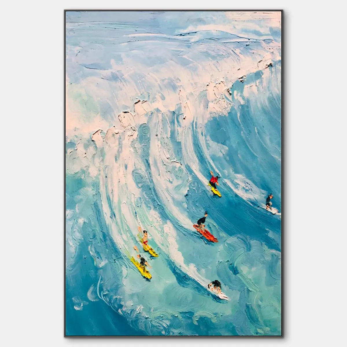 Vertical Ocean Painting of Surfers Riding a Wave