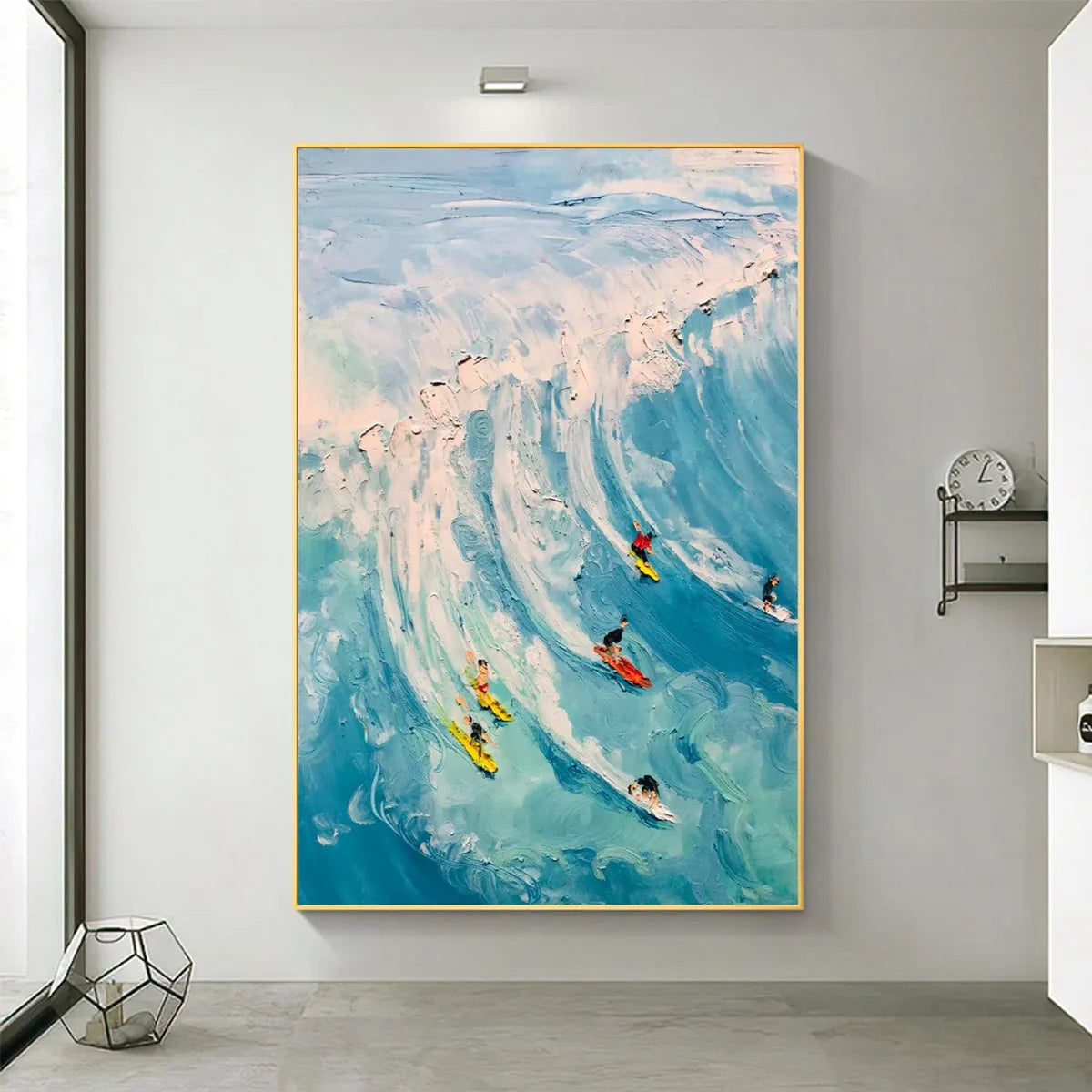 Vertical Ocean Painting of Surfers Riding a Wave