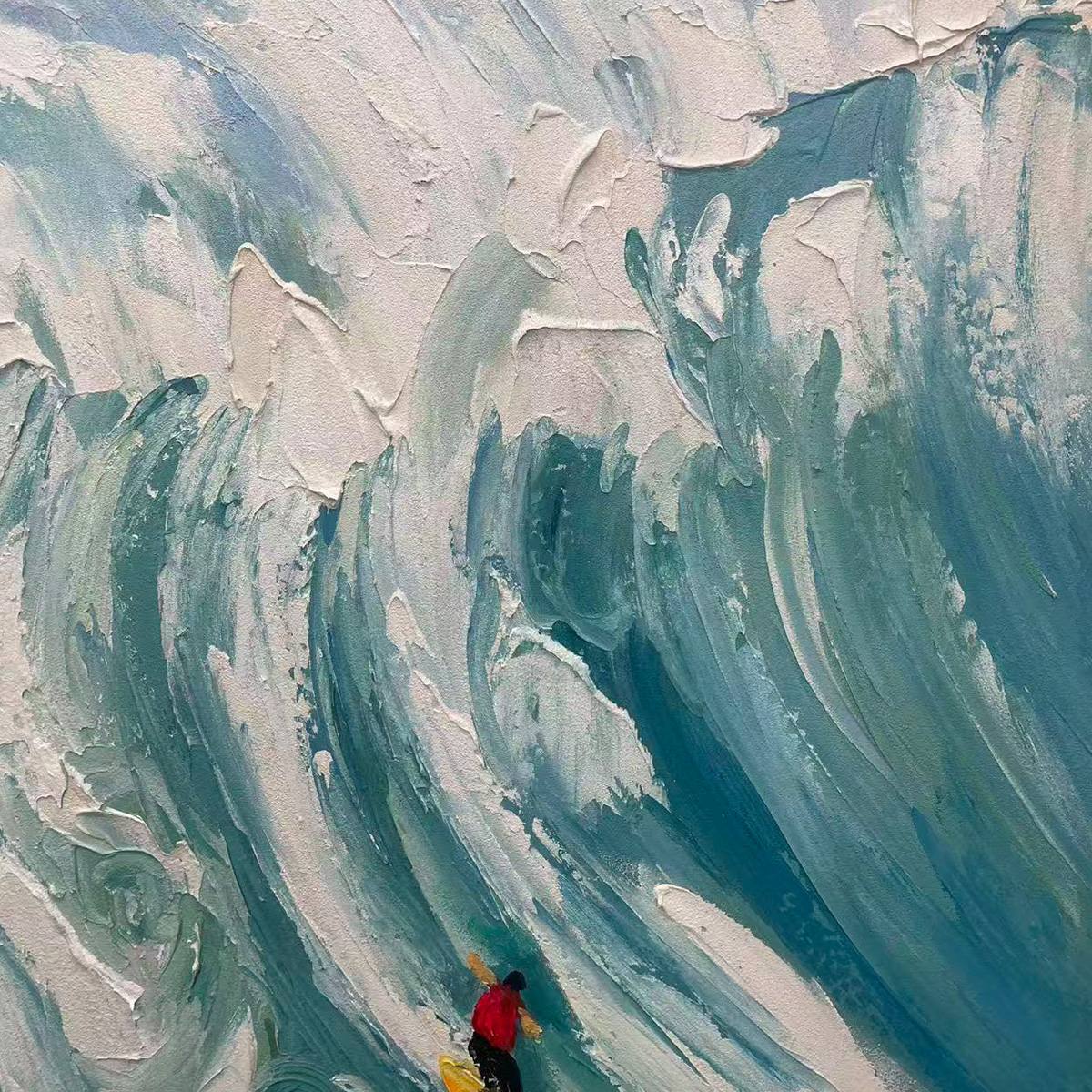 Vertical Ocean Painting of Surfers Riding a Wave