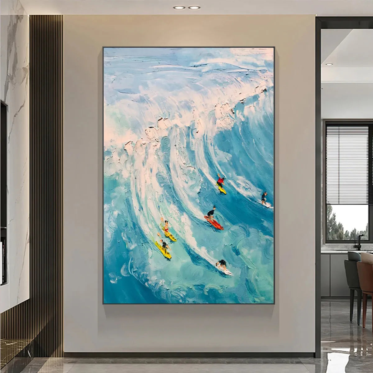 Vertical Ocean Painting of Surfers Riding a Wave