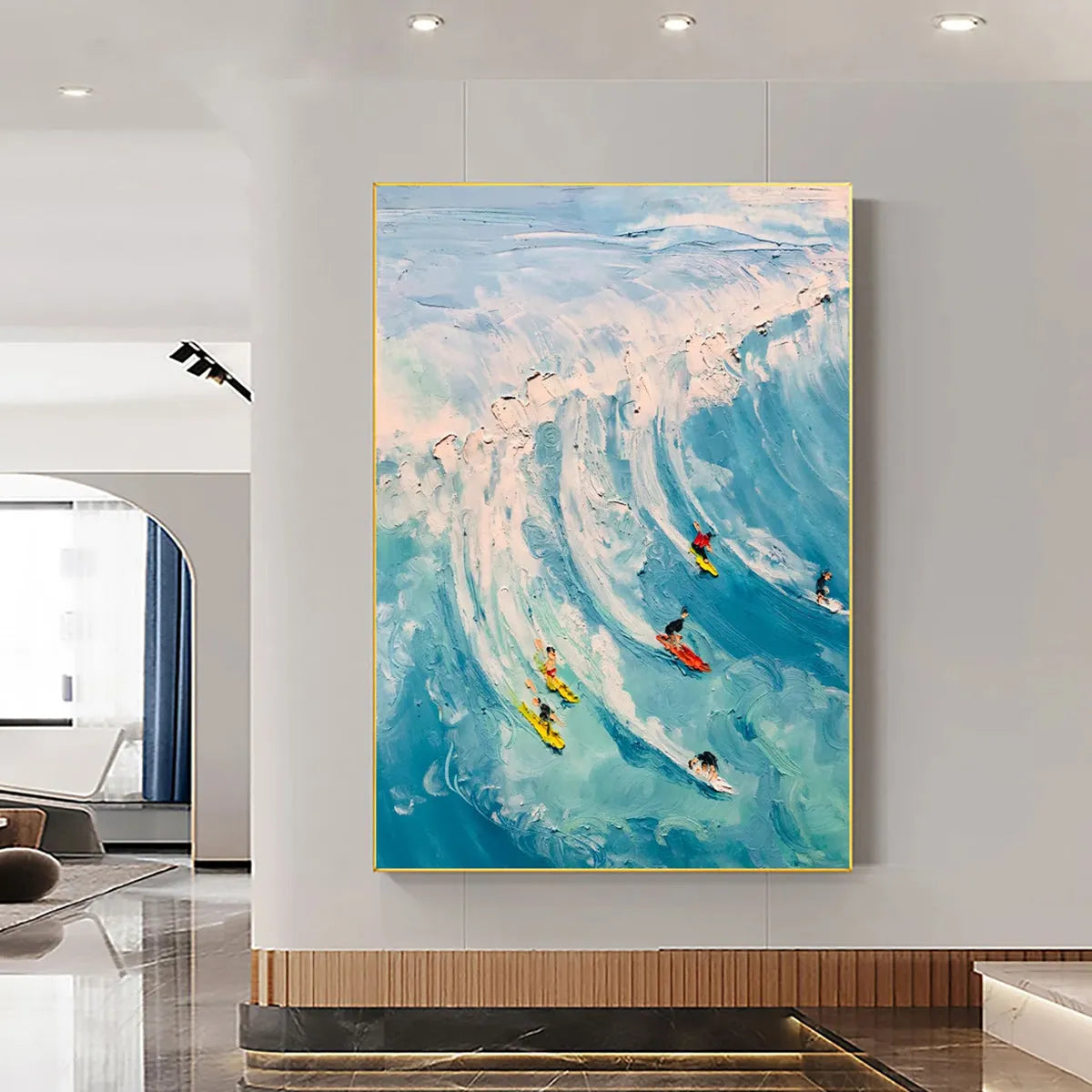 Vertical Ocean Painting of Surfers Riding a Wave