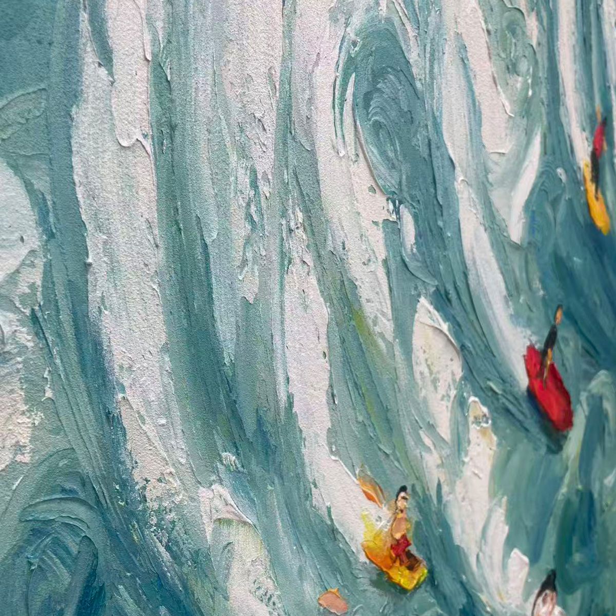 Vertical Ocean Painting of Surfers Riding a Wave