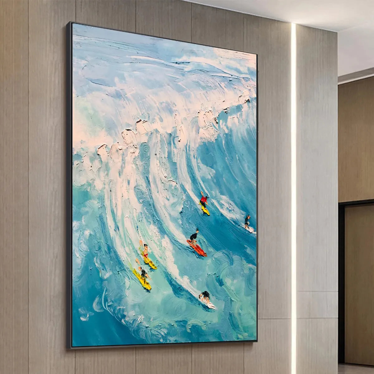 Vertical Ocean Painting of Surfers Riding a Wave