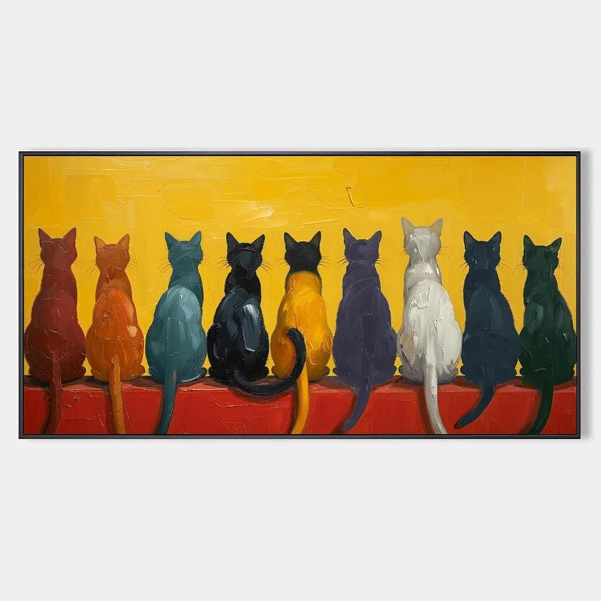 Whimsical Cat Painting, Textured Wall Art, Panoramic Canvas, Pet Decor