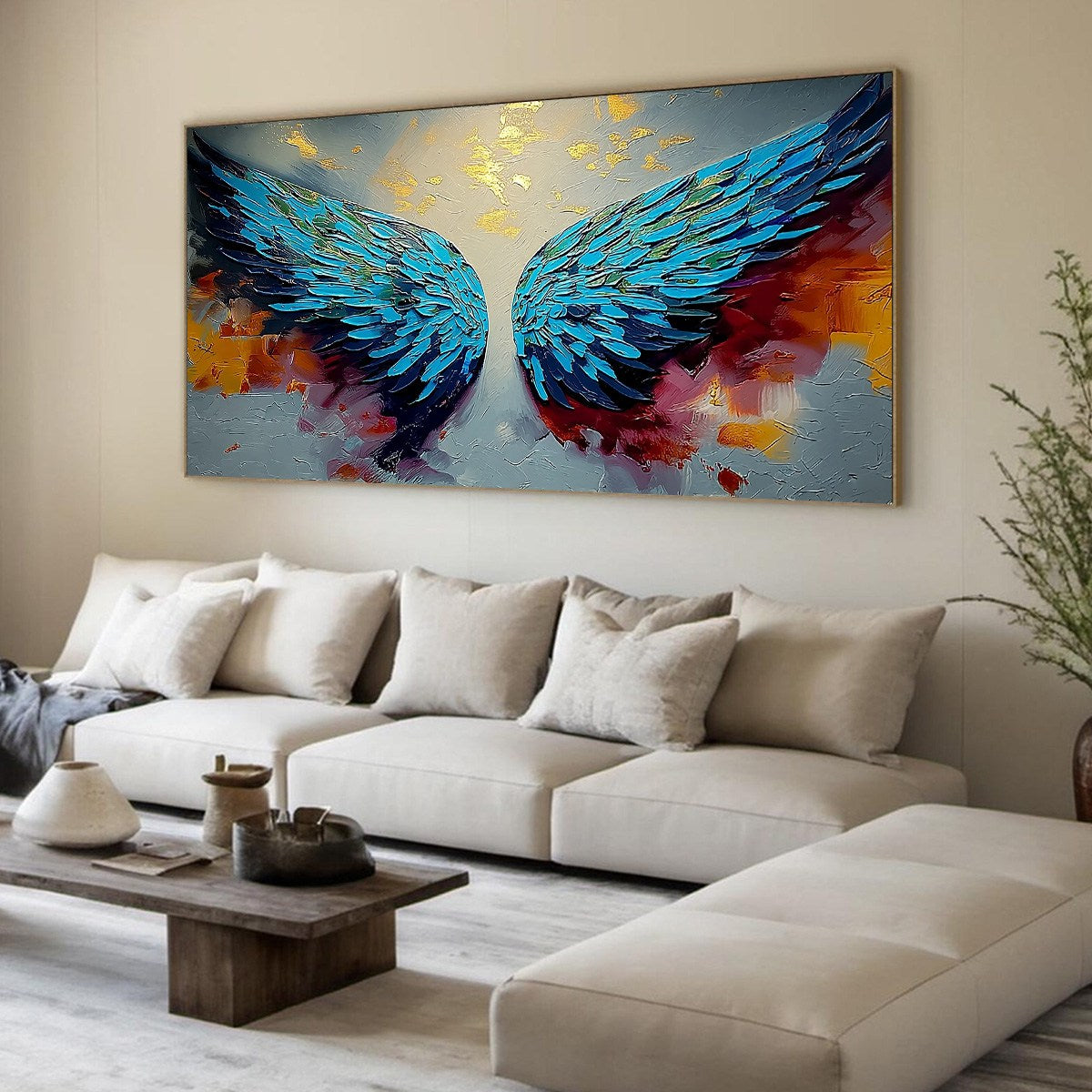 CELESTIAL ASCENT: Abstract Angel Wings Impasto Oil Painting with Gold Leaf