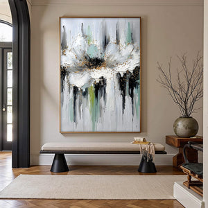 CELESTIAL BLOOM: Heavily Textured Abstract Floral Painting with Golden Accents
