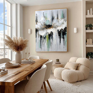 CELESTIAL BLOOM: Heavily Textured Abstract Floral Painting with Golden Accents