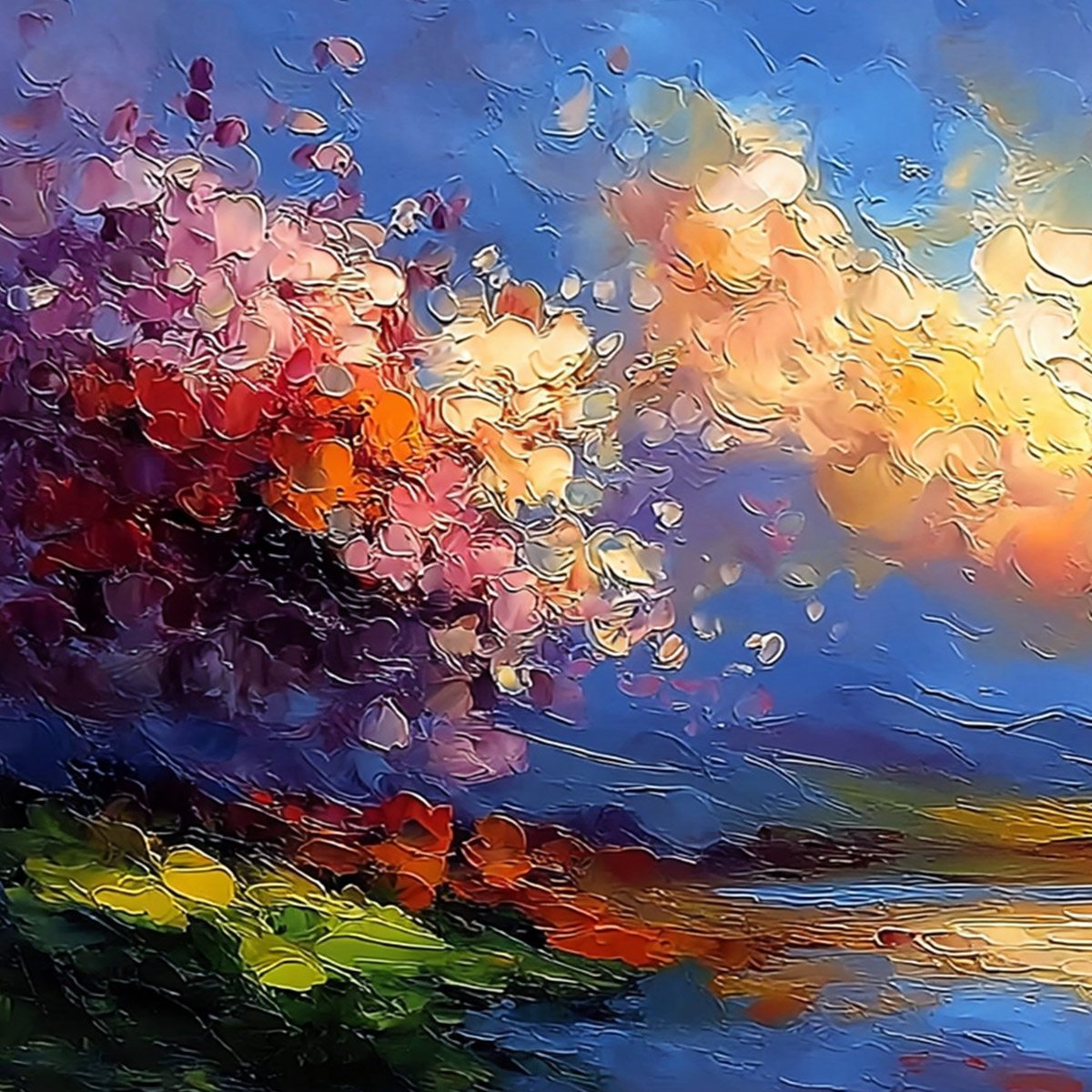 CELESTIAL BLOOM: Textured Abstract Floral Landscape Oil Painting