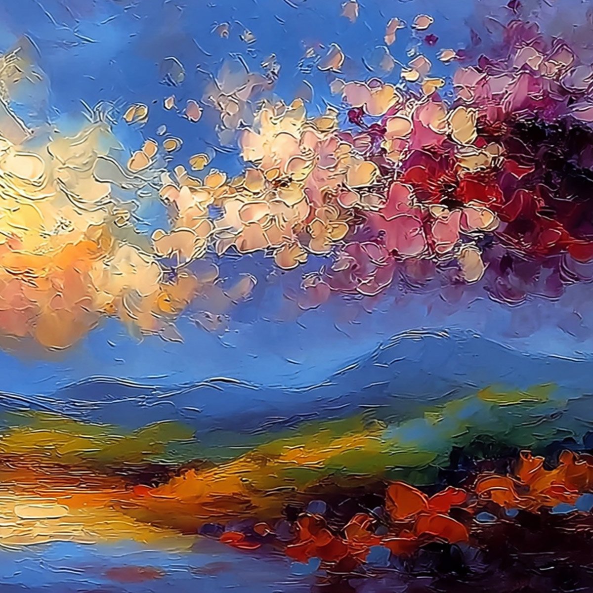 CELESTIAL BLOOM: Textured Abstract Floral Landscape Oil Painting