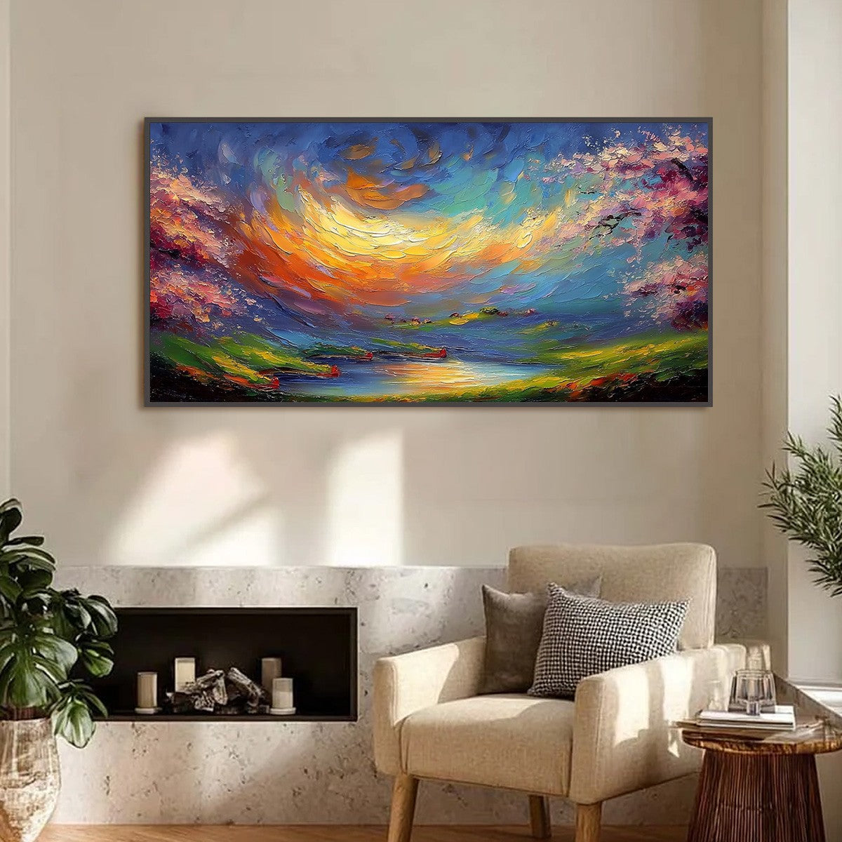 CELESTIAL EMBRACE: Heavily Textured Impasto Landscape Painting of a Vibrant Sunset