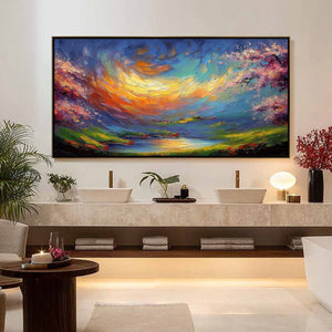 CELESTIAL EMBRACE: Heavily Textured Impasto Landscape Painting of a Vibrant Sunset