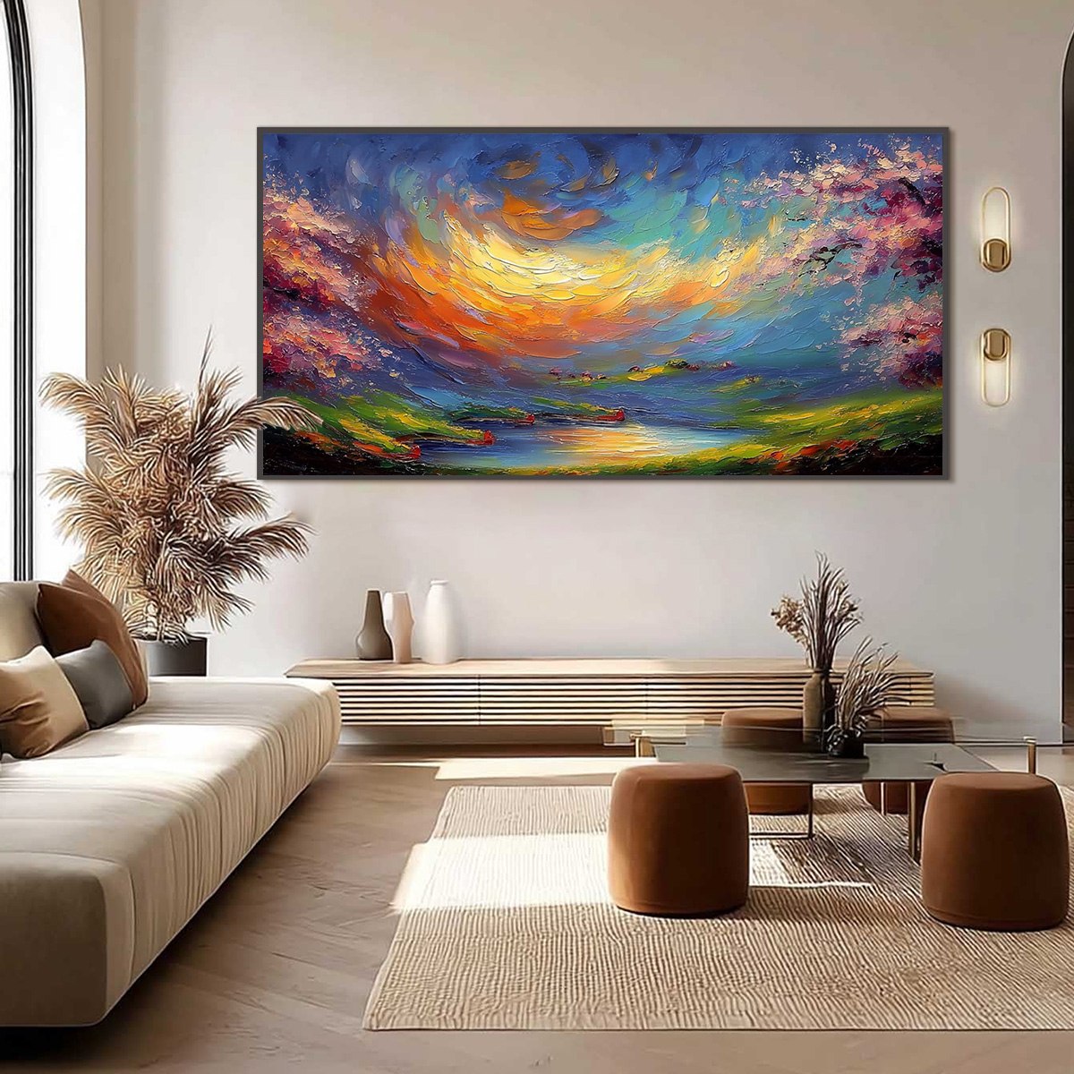 CELESTIAL EMBRACE: Heavily Textured Impasto Landscape Painting of a Vibrant Sunset
