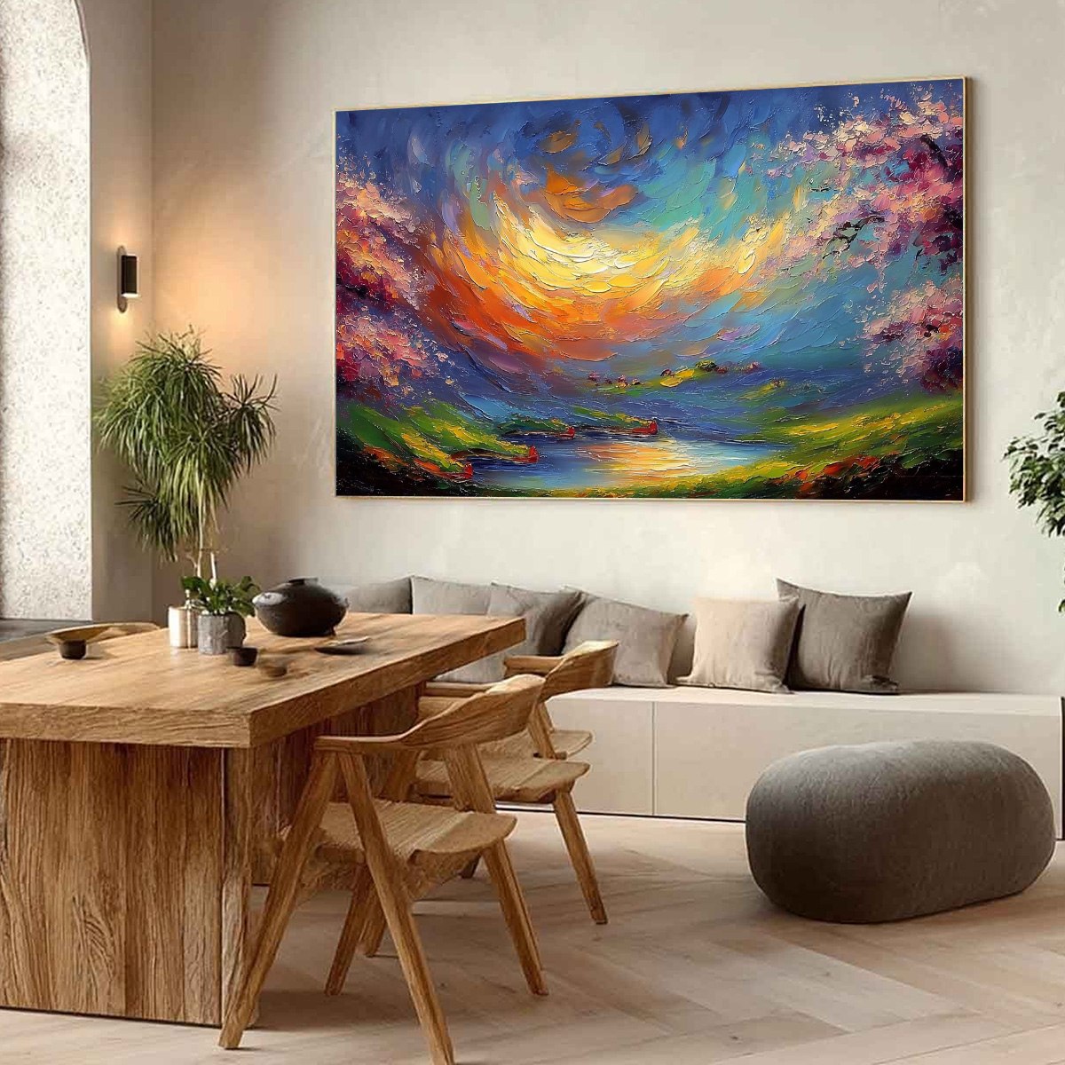 CELESTIAL EMBRACE: Heavily Textured Impasto Landscape Painting of a Vibrant Sunset
