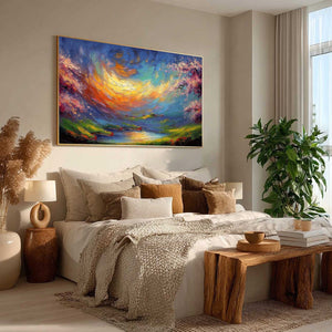 CELESTIAL EMBRACE: Heavily Textured Impasto Landscape Painting of a Vibrant Sunset