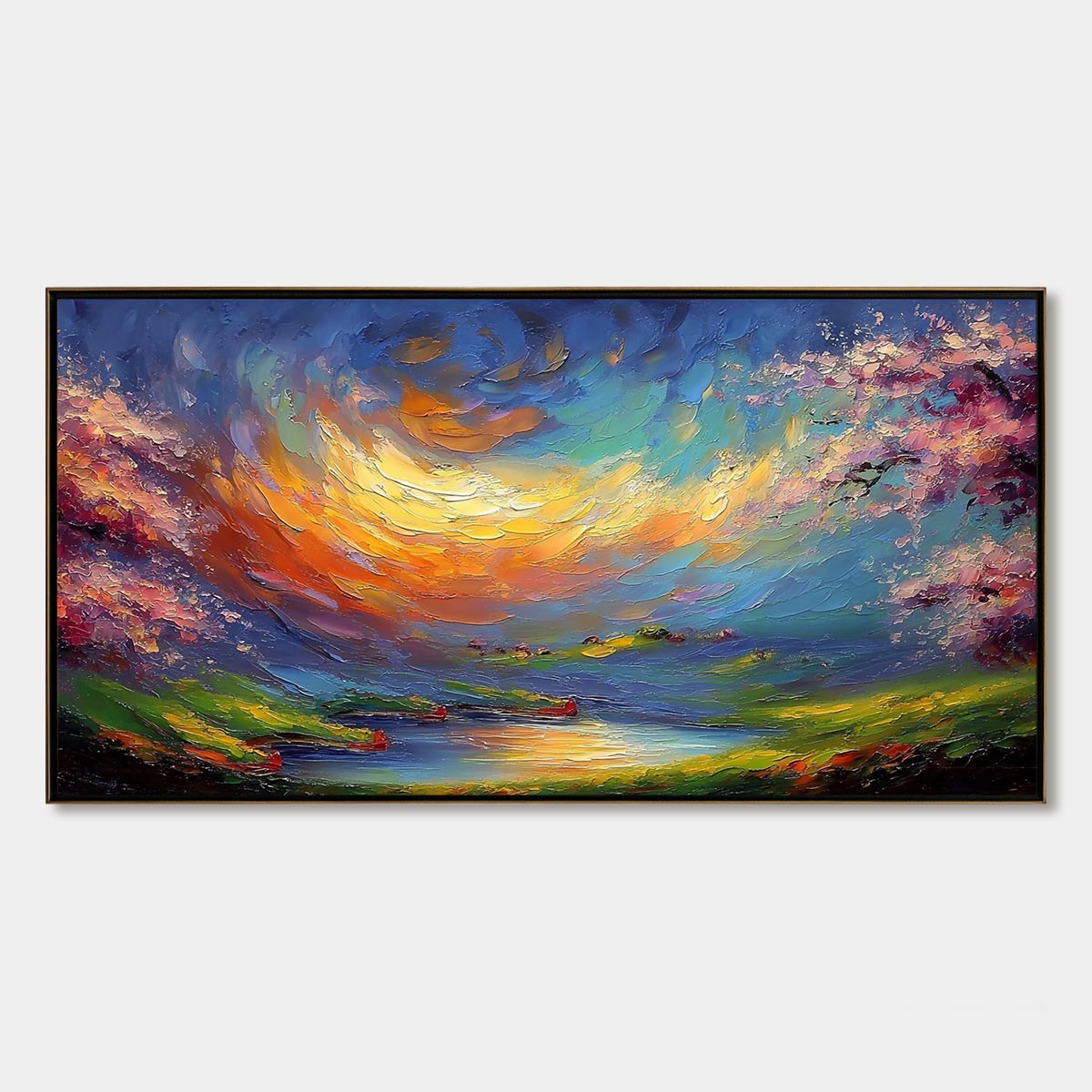 CELESTIAL EMBRACE: Heavily Textured Impasto Landscape Painting of a Vibrant Sunset