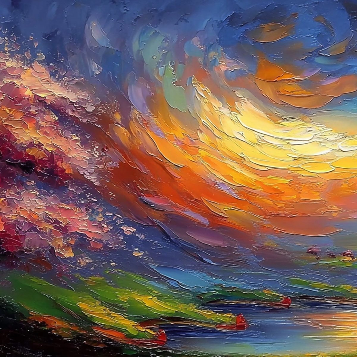CELESTIAL EMBRACE: Heavily Textured Impasto Landscape Painting of a Vibrant Sunset