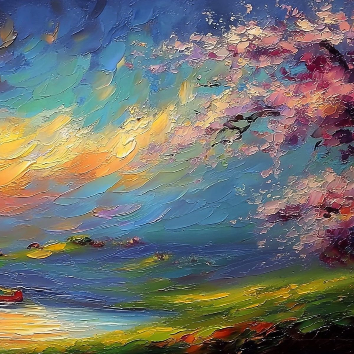 CELESTIAL EMBRACE: Heavily Textured Impasto Landscape Painting of a Vibrant Sunset