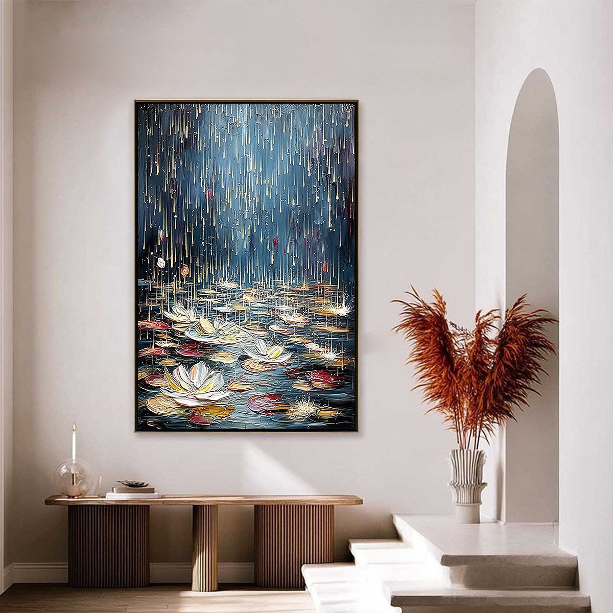 CELESTIAL POND: Textured Impasto Painting of Luminous Water Lilies