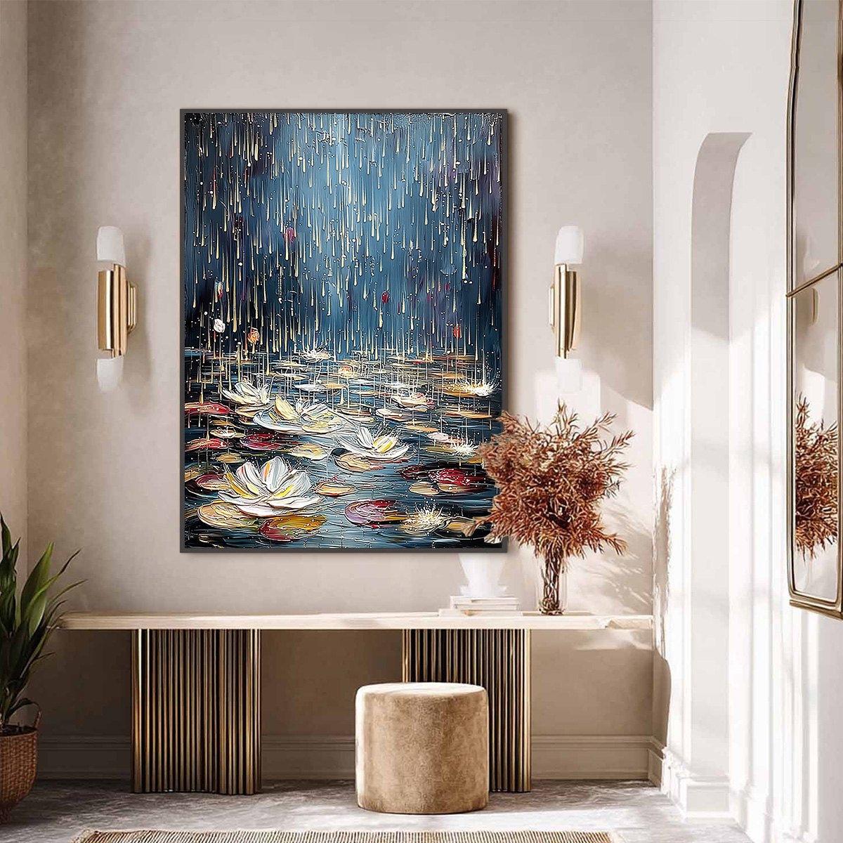 CELESTIAL POND: Textured Impasto Painting of Luminous Water Lilies