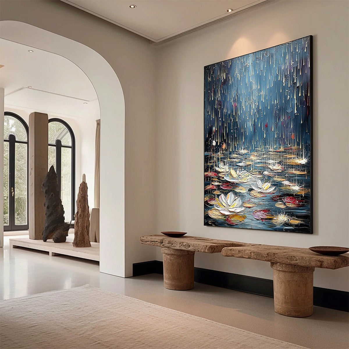 CELESTIAL POND: Textured Impasto Painting of Luminous Water Lilies