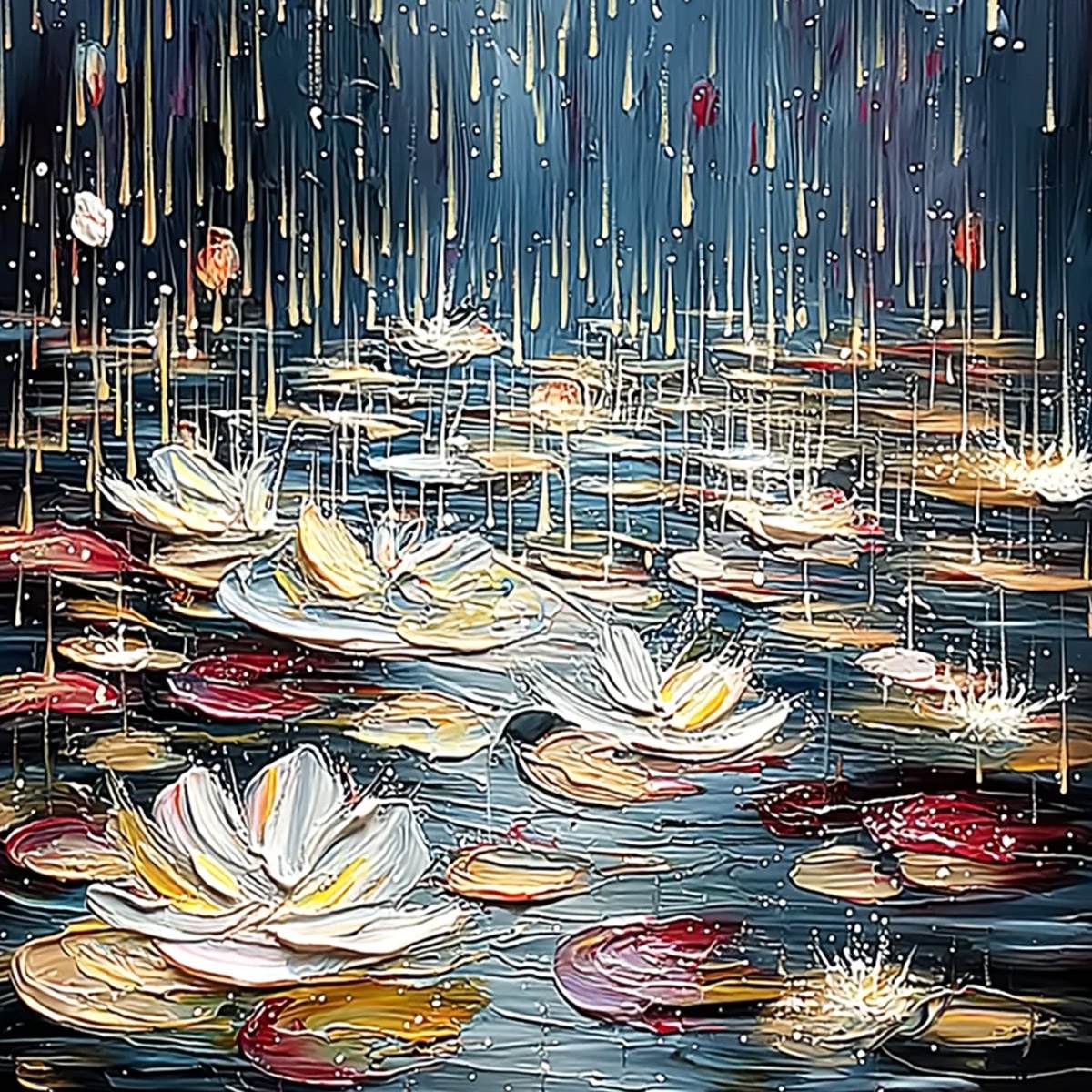 CELESTIAL POND: Textured Impasto Painting of Luminous Water Lilies