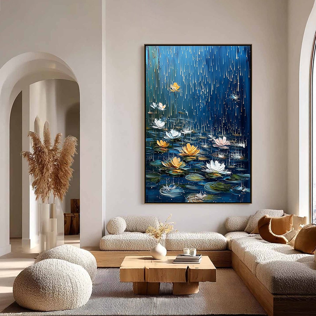 CELESTIAL RAIN: Textured Impasto Painting of Water Lilies in Rain