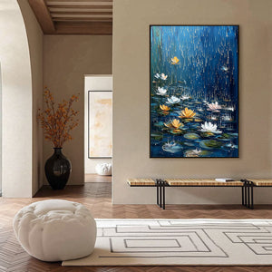 CELESTIAL RAIN: Textured Impasto Painting of Water Lilies in Rain