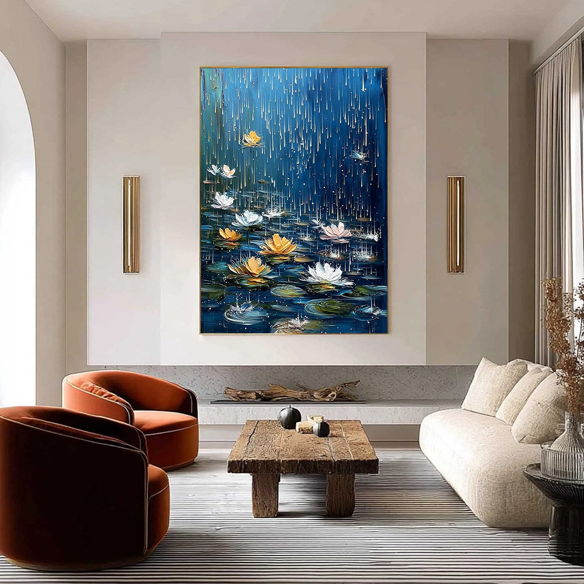 CELESTIAL RAIN: Textured Impasto Painting of Water Lilies in Rain