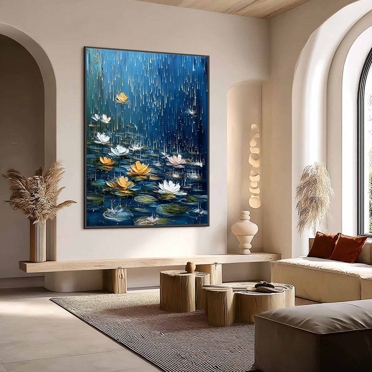 CELESTIAL RAIN: Textured Impasto Painting of Water Lilies in Rain