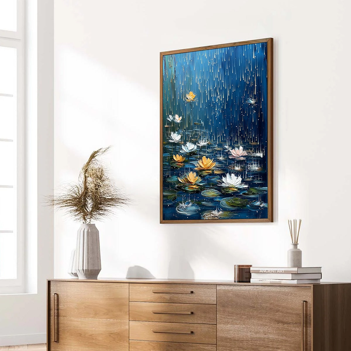 CELESTIAL RAIN: Textured Impasto Painting of Water Lilies in Rain