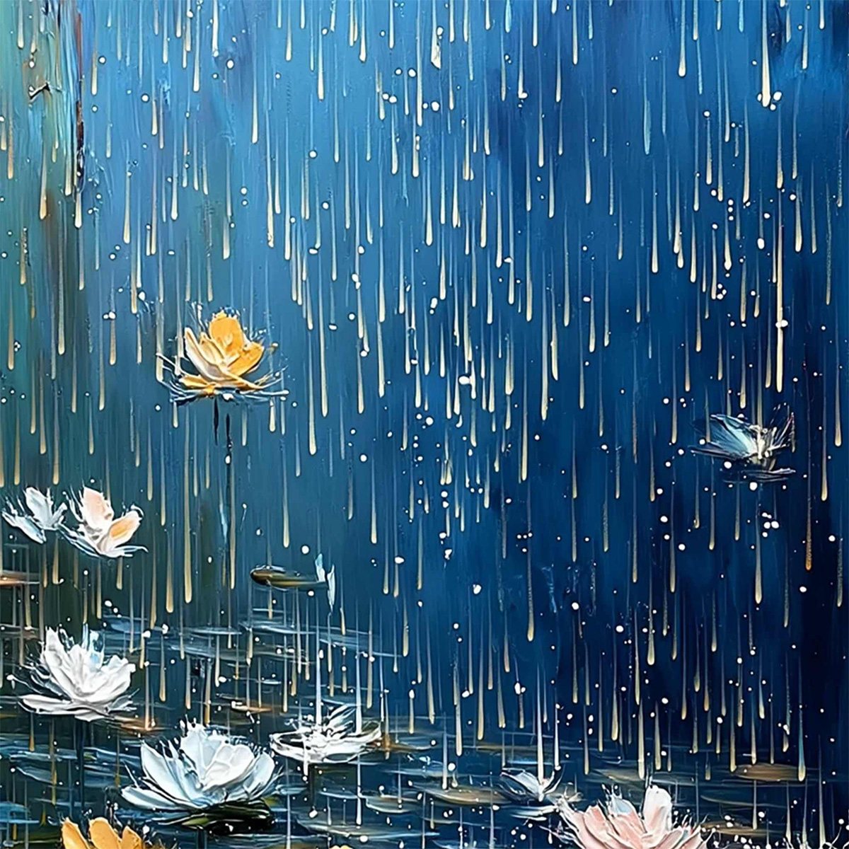 CELESTIAL RAIN: Textured Impasto Painting of Water Lilies in Rain