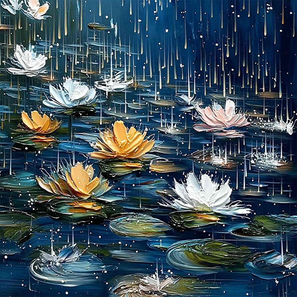 CELESTIAL RAIN: Textured Impasto Painting of Water Lilies in Rain