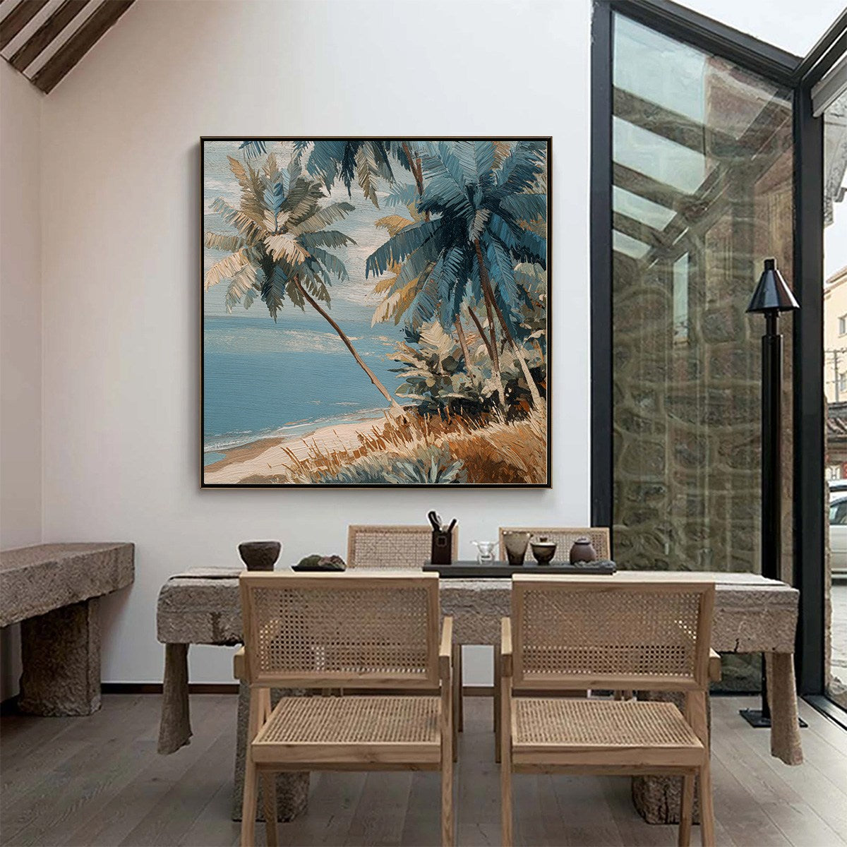 CERULEAN SHORE: Textured Impasto Palm Tree Beach Painting