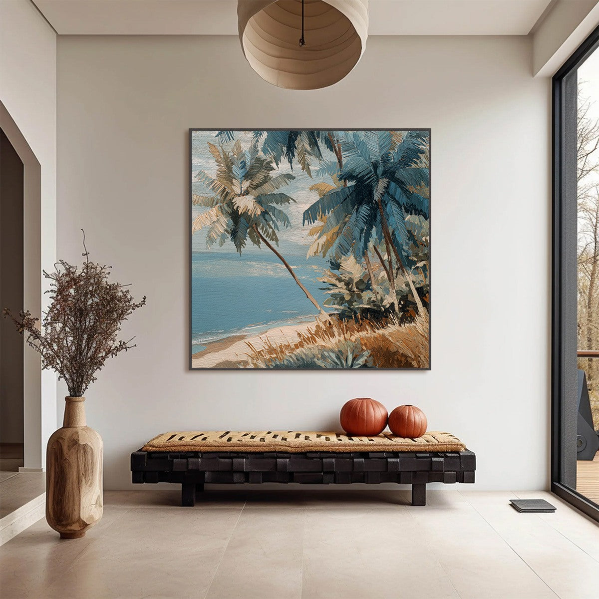 CERULEAN SHORE: Textured Impasto Palm Tree Beach Painting