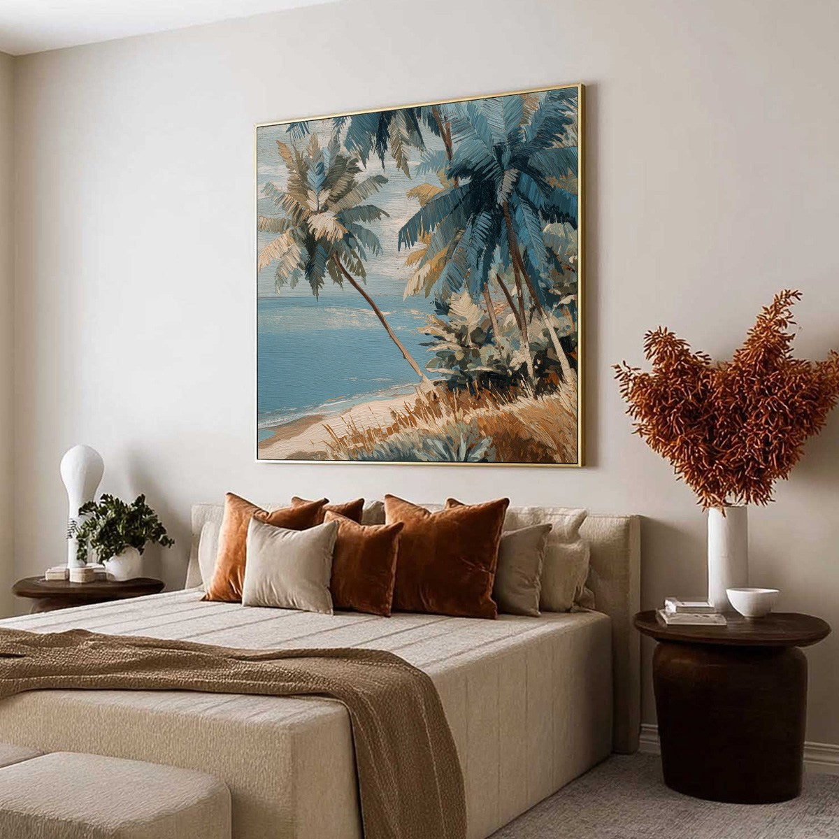 CERULEAN SHORE: Textured Impasto Palm Tree Beach Painting