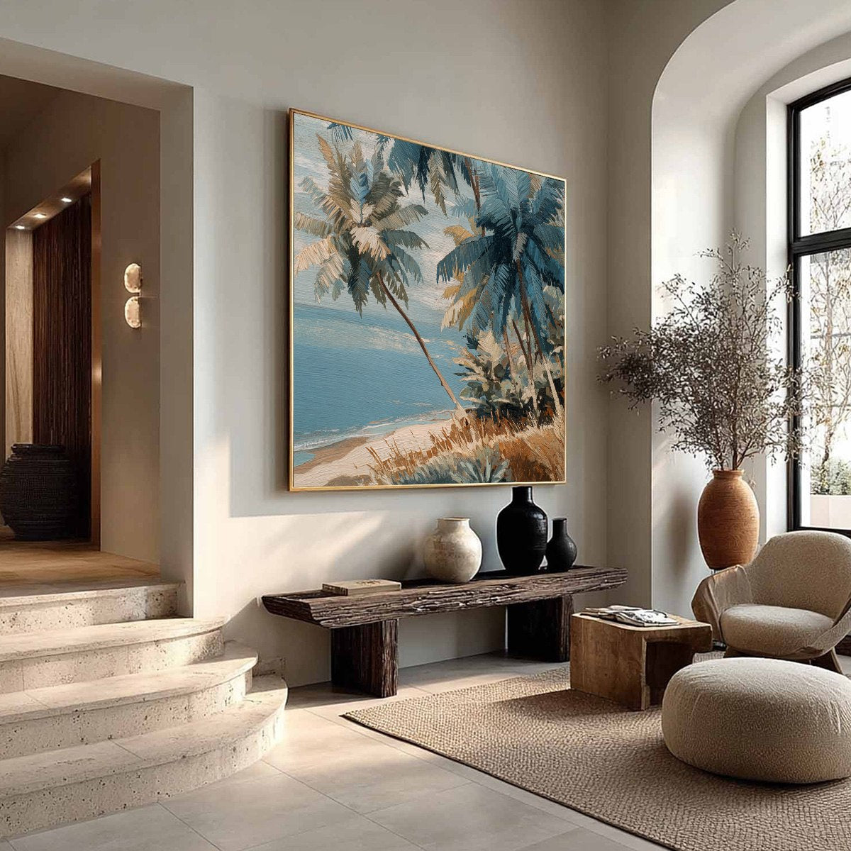 CERULEAN SHORE: Textured Impasto Palm Tree Beach Painting