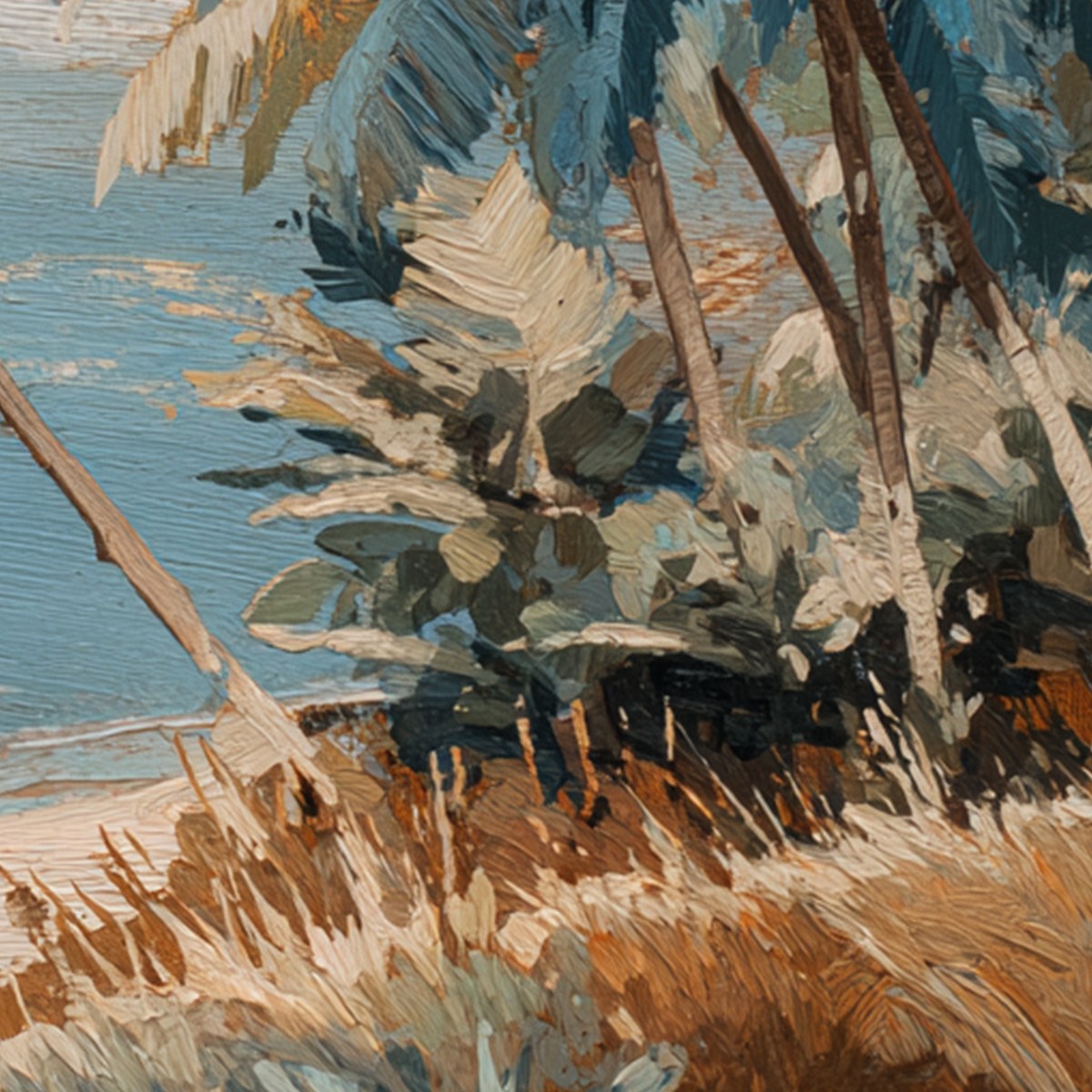 CERULEAN SHORE: Textured Impasto Palm Tree Beach Painting