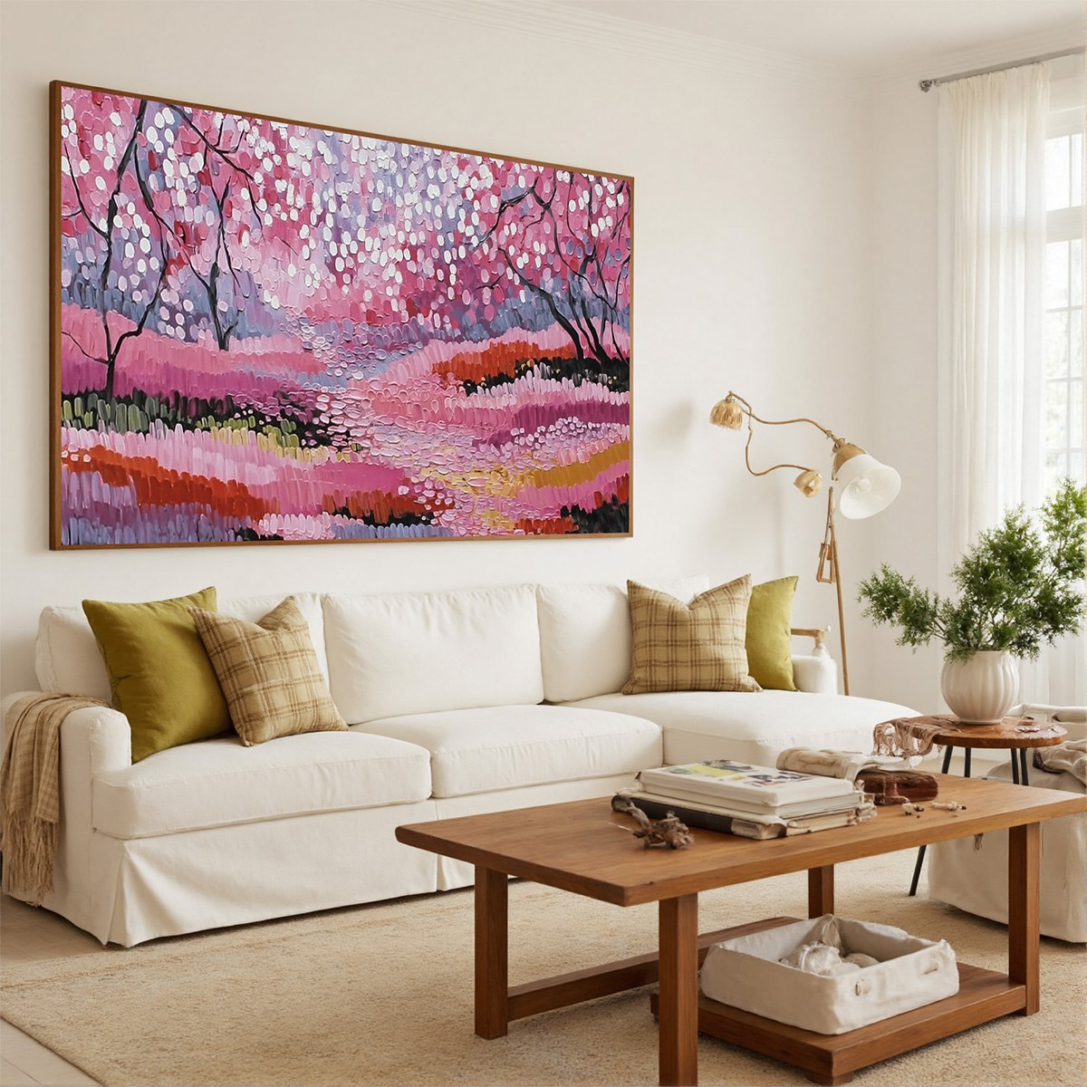 Cherry Blossom Path: Textured Impasto Landscape Oil Painting