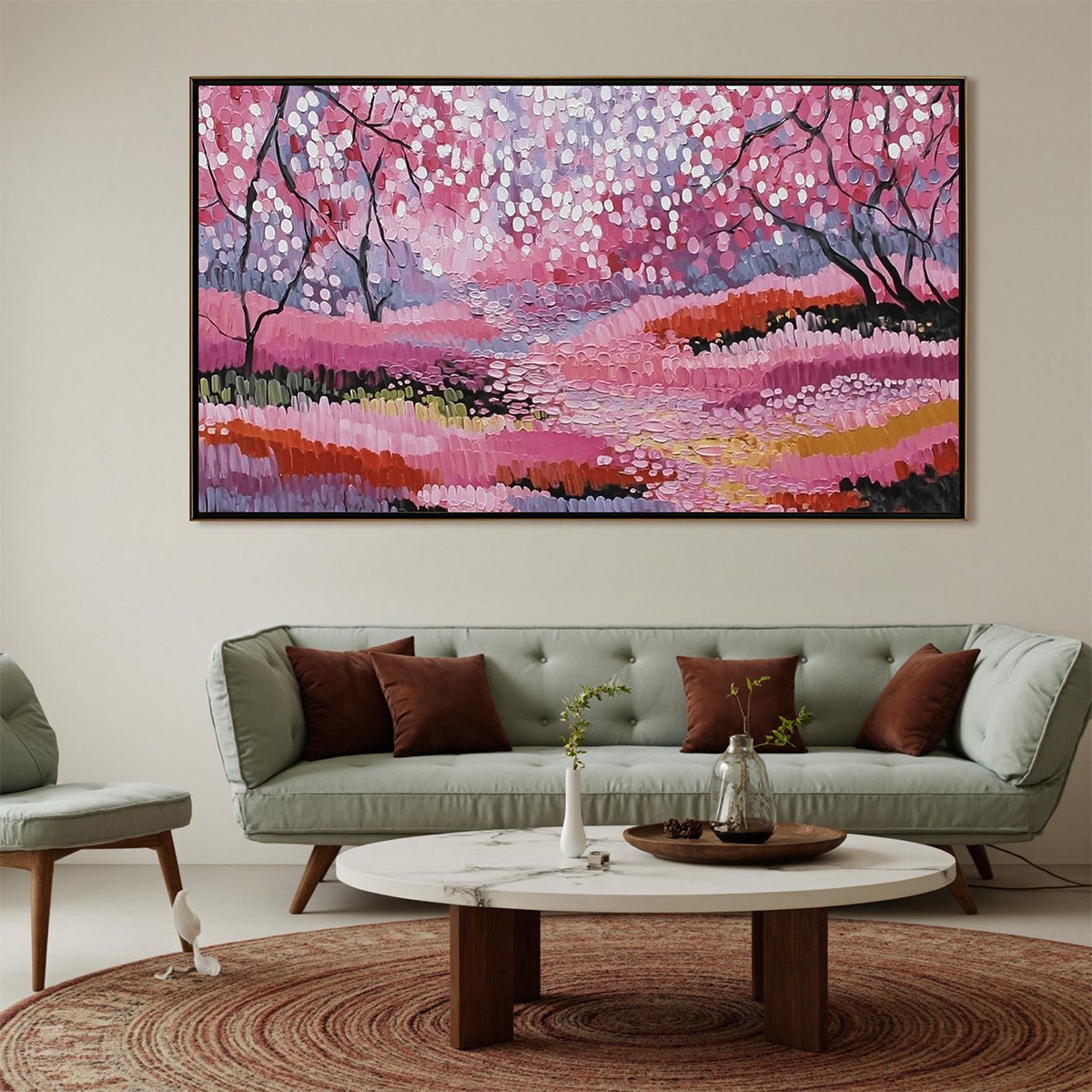Cherry Blossom Path: Textured Impasto Landscape Oil Painting