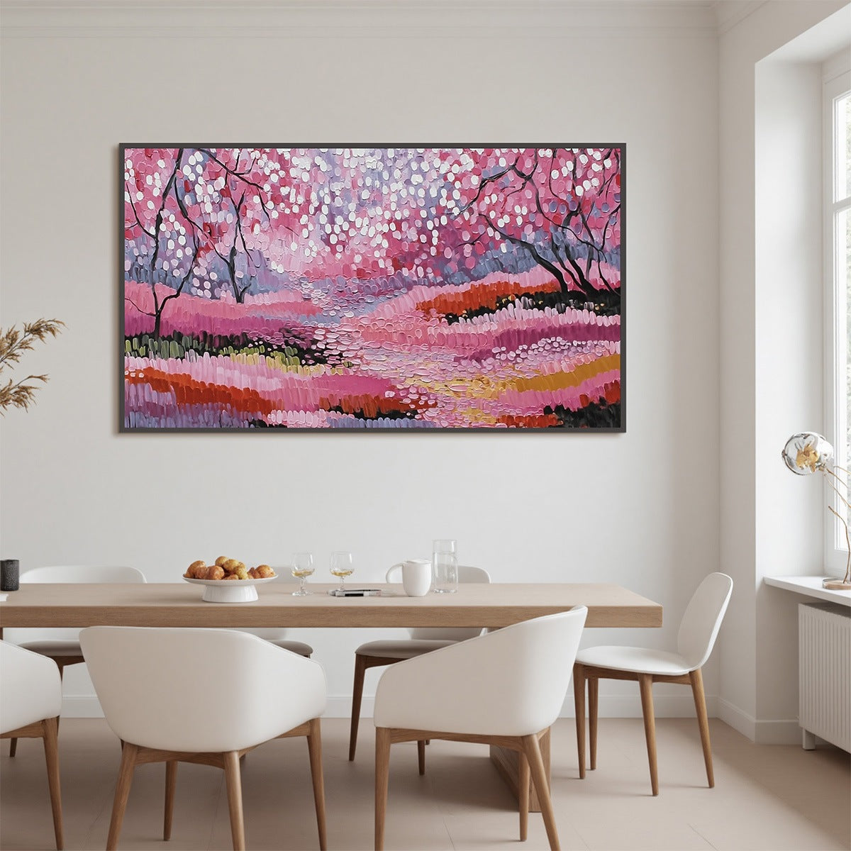 Cherry Blossom Path: Textured Impasto Landscape Oil Painting