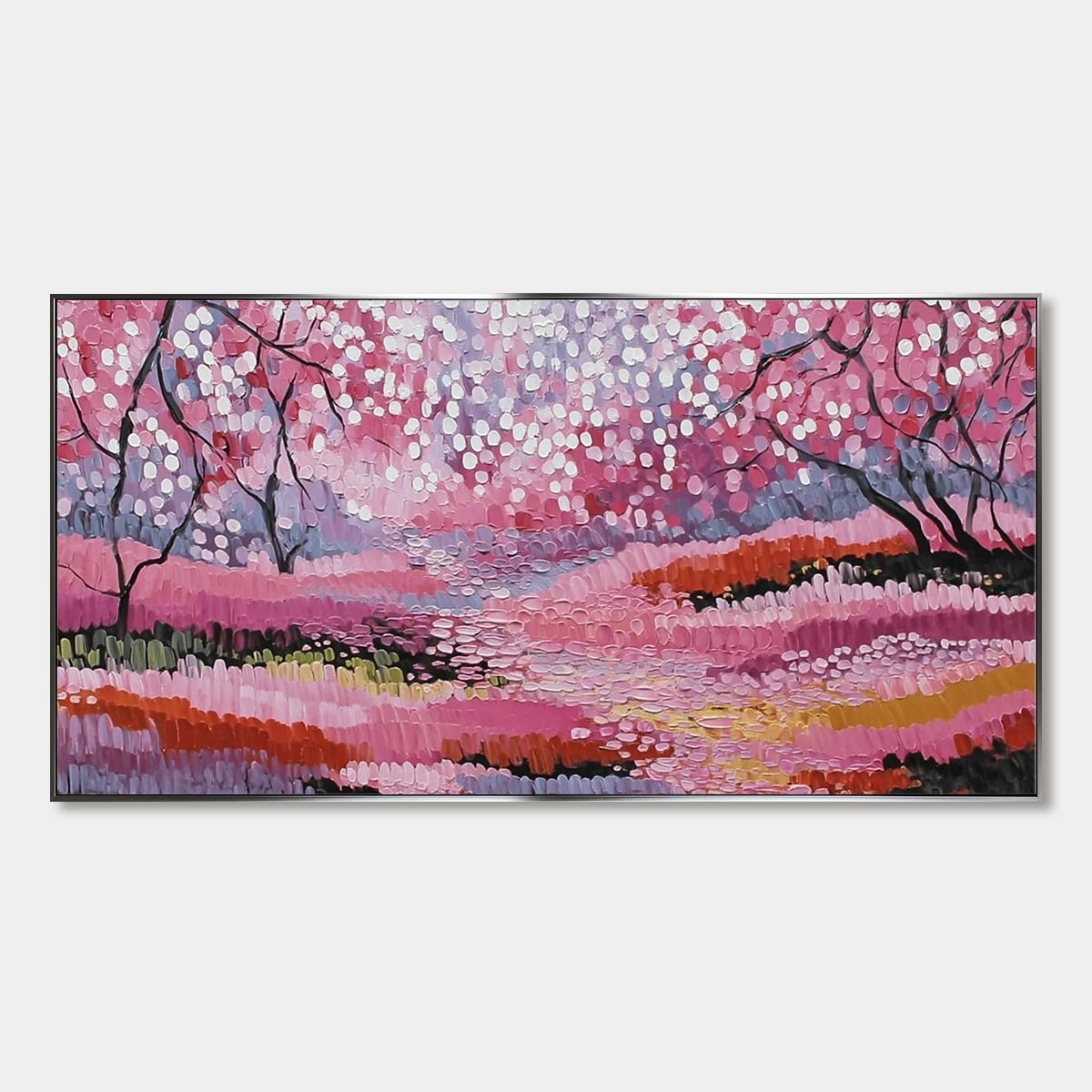 CHERRY BLOSSOM PATH: Textured Impasto Landscape Oil Painting