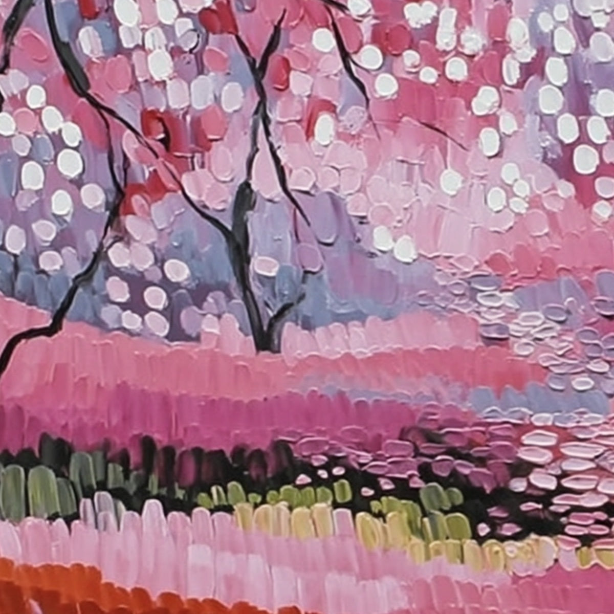Cherry Blossom Path: Textured Impasto Landscape Oil Painting