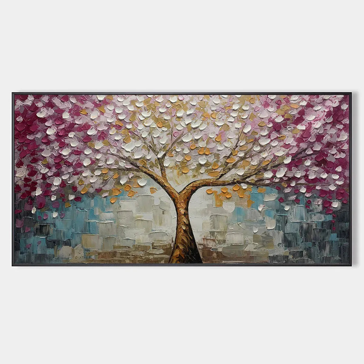 Panoramic Textured Impasto Painting of a Cherry Blossom Tree, Modern Wall Art, Pink and Gold