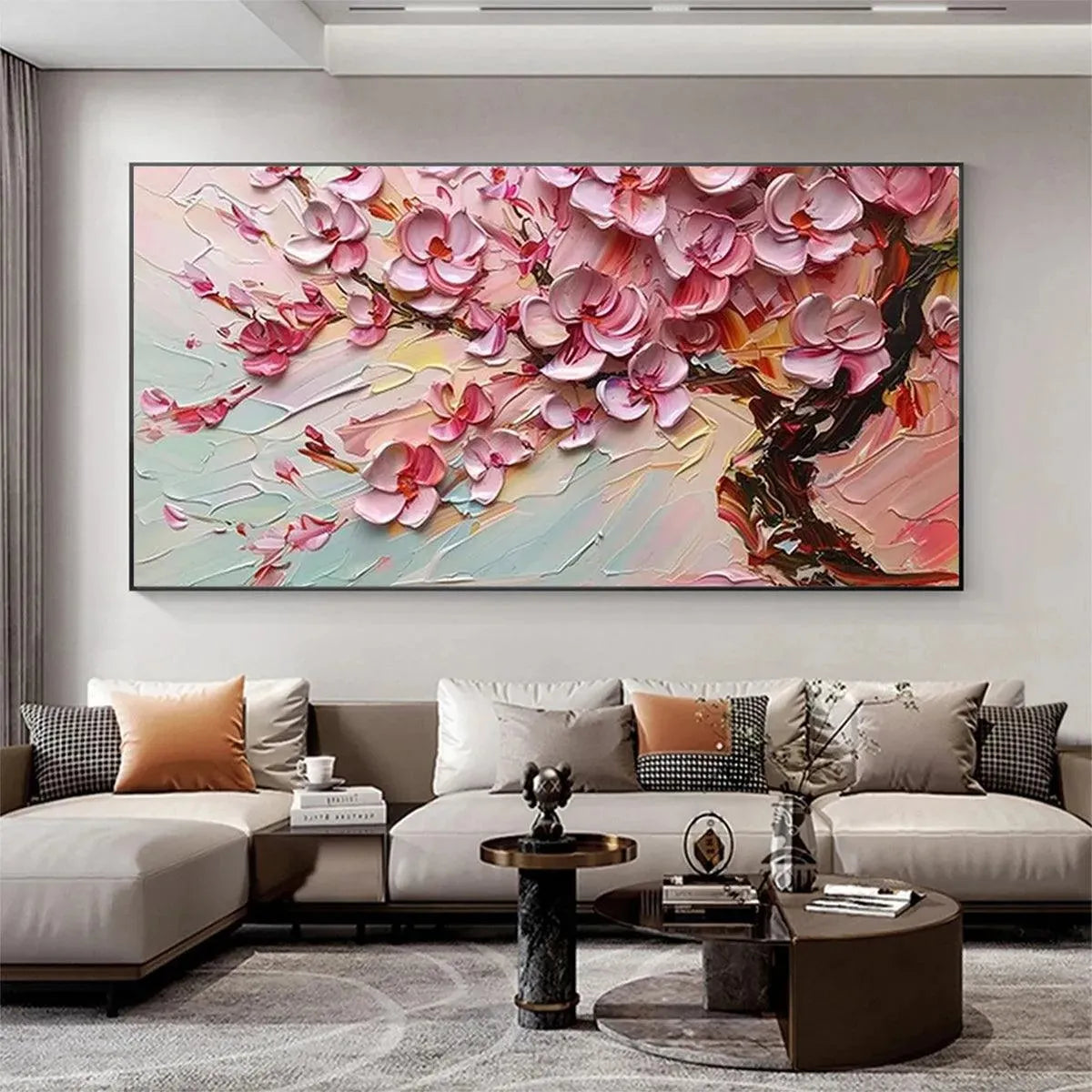 Cherry Blossom Dream painting, Elodie Dubois. Textured impasto cherry blossoms. Pink blossoms, romantic wall art.