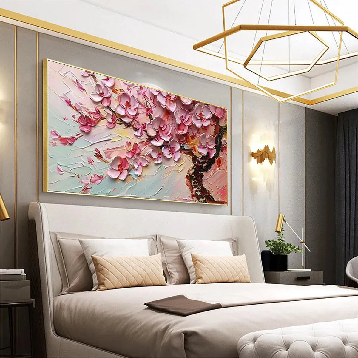 Cherry Blossom Dream painting, Elodie Dubois. Textured impasto cherry blossoms. Pink blossoms, romantic wall art.