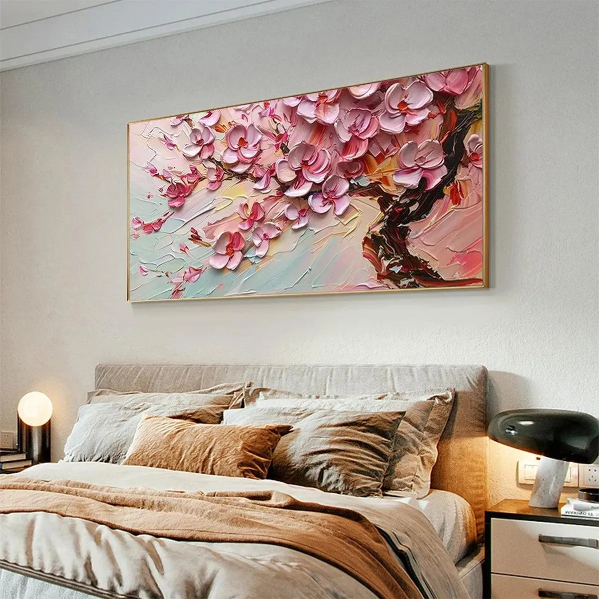Cherry Blossom Dream painting, Elodie Dubois. Textured impasto cherry blossoms. Pink blossoms, romantic wall art.