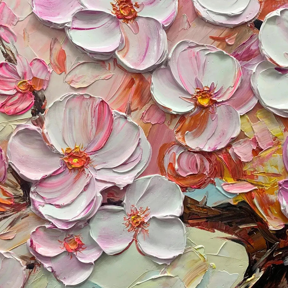 Cherry Blossom Dream painting, Elodie Dubois. Textured impasto cherry blossoms. Pink blossoms, romantic wall art.